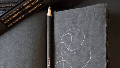 Black box of 6 eco friendly pencils, black in color. A person used a sharpened newspaper pencil on the black handmade cotton paper journal Black candy. White Canvaa India.